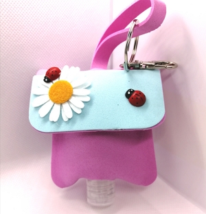 Bolsinha Rosa com pala Azul com flor e joaninhas