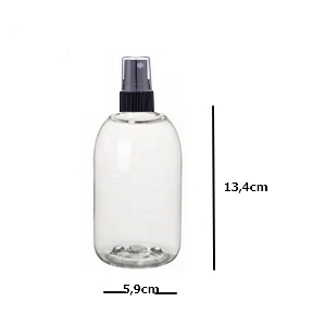Frasco PET 250 ml transparente baixo com tampa vaporizadora